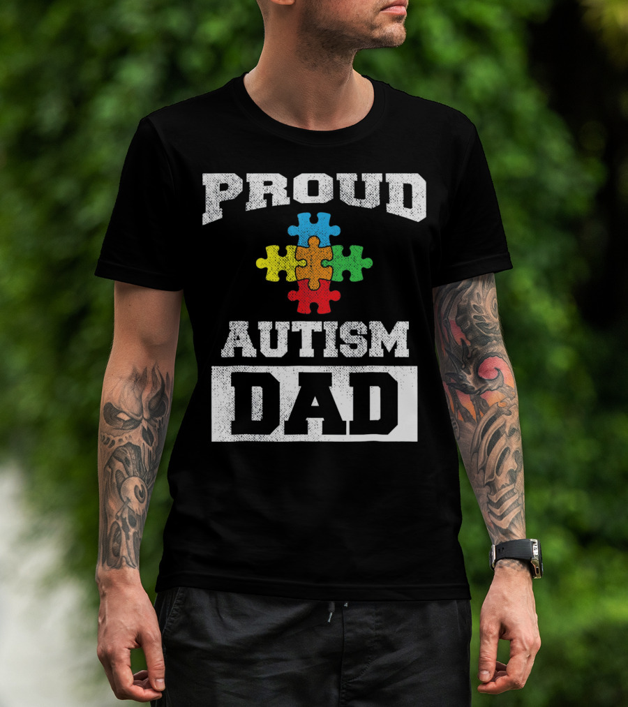 Proud Autism Dad Puzzle Piece Autism Awareness T-Shirt