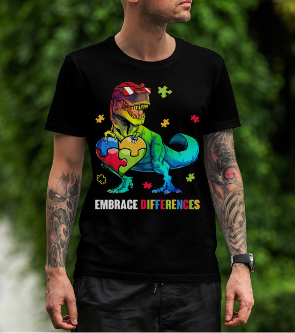 Embrace Differences Dinosaur Holding Heart Puzzle Pieces T-Shirt