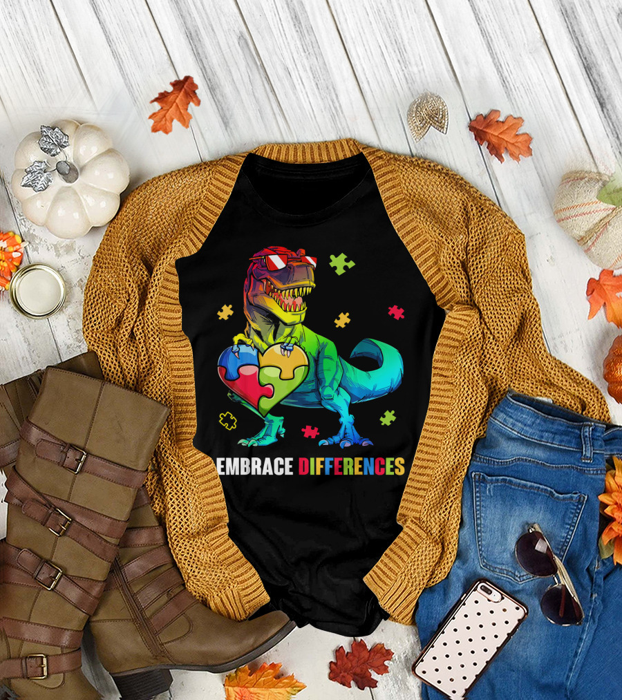 Embrace Differences Dinosaur Holding Heart Puzzle Pieces T-Shirt