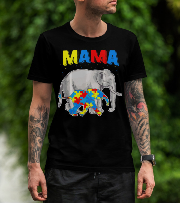 Mama Elephant Puzzle Piece Autism Awareness T-Shirt