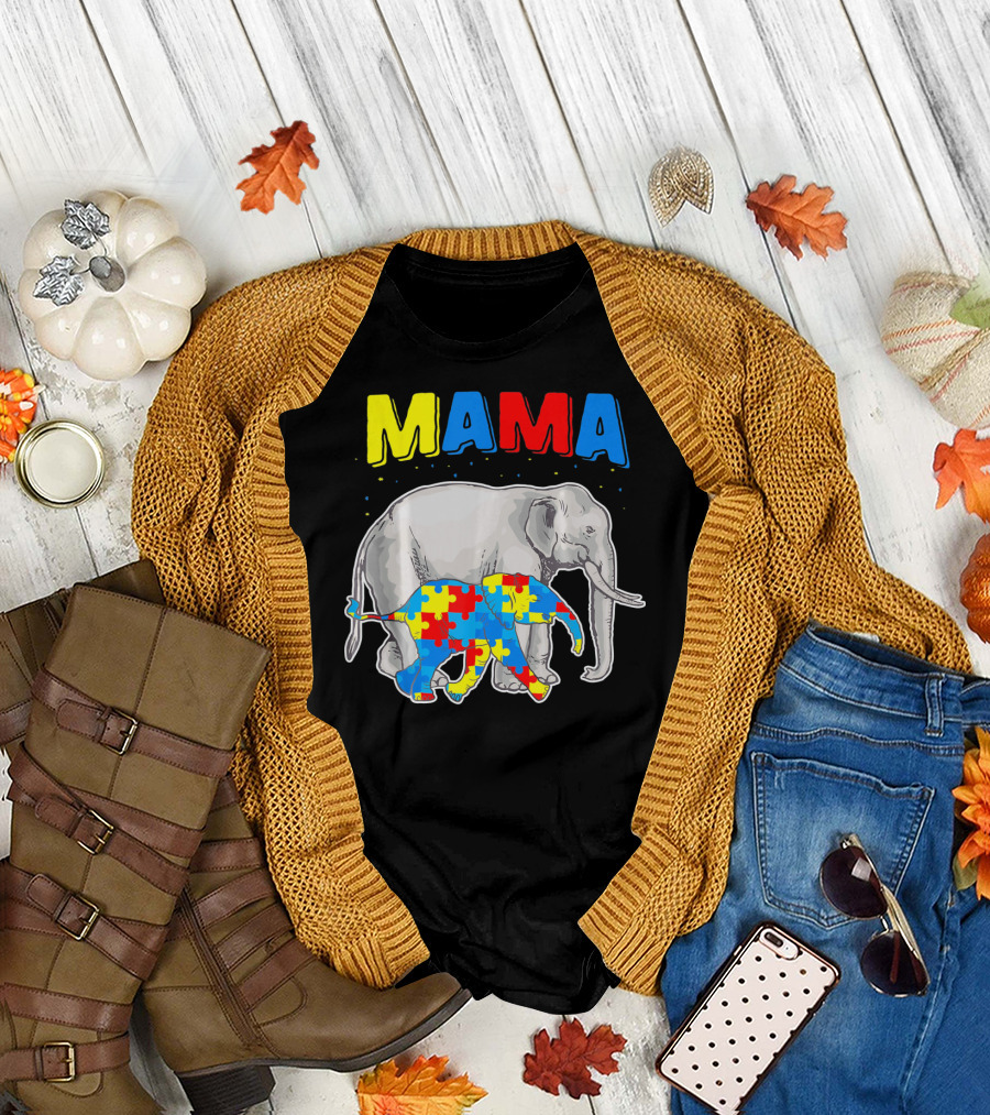 Mama Elephant Puzzle Piece Autism Awareness T-Shirt