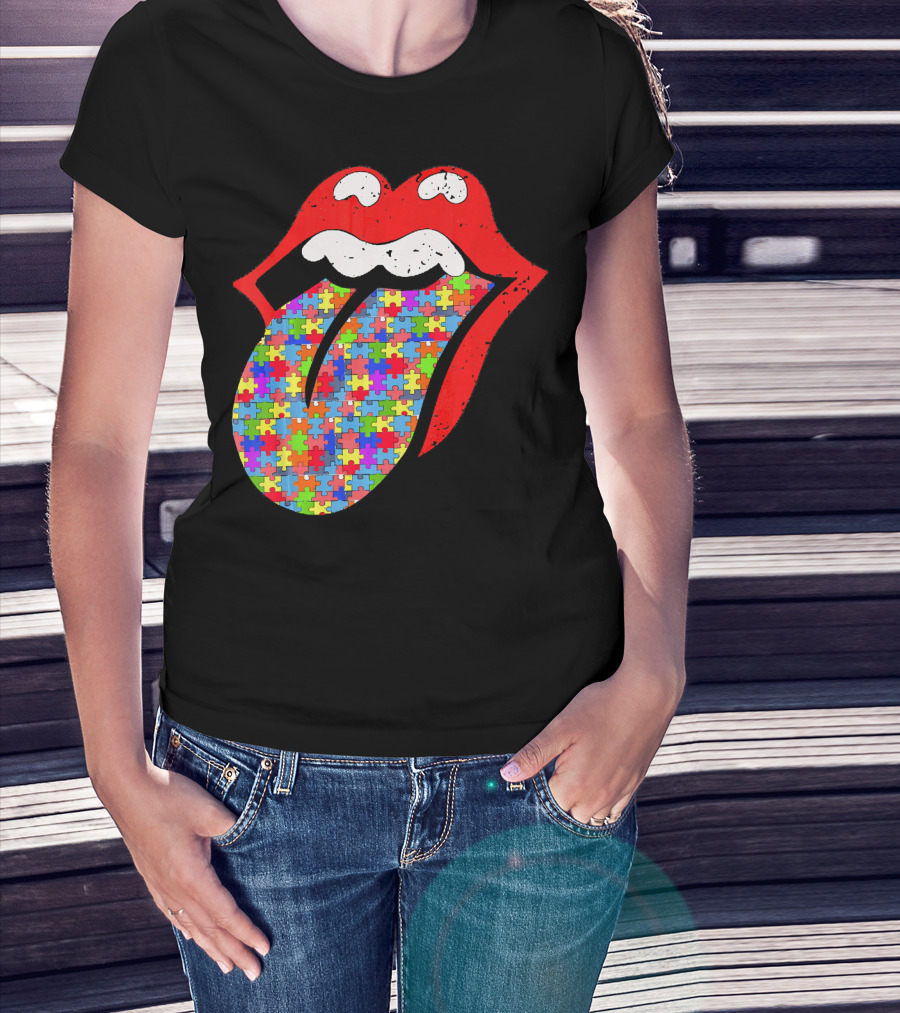 Red Lips Tongue Icon With Colorful Autism Awareness Puzzle Piece T-Shirt