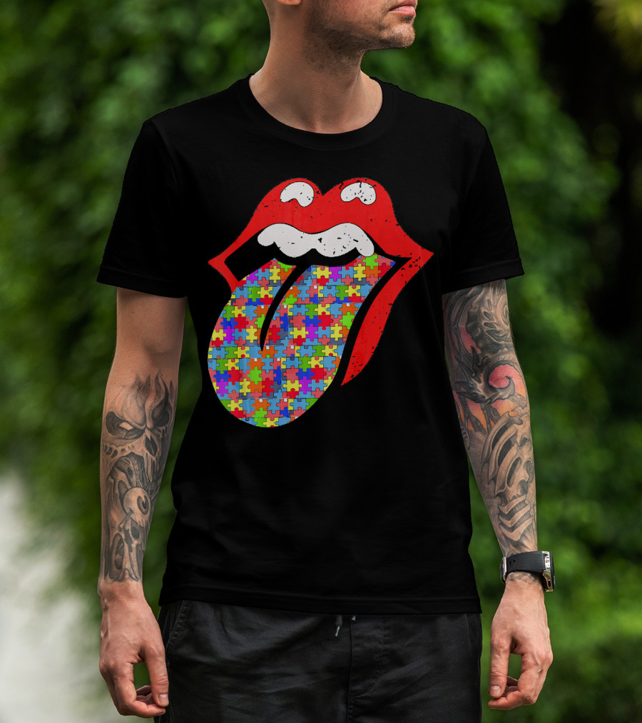 Red Lips Tongue Icon With Colorful Autism Awareness Puzzle Piece T-Shirt