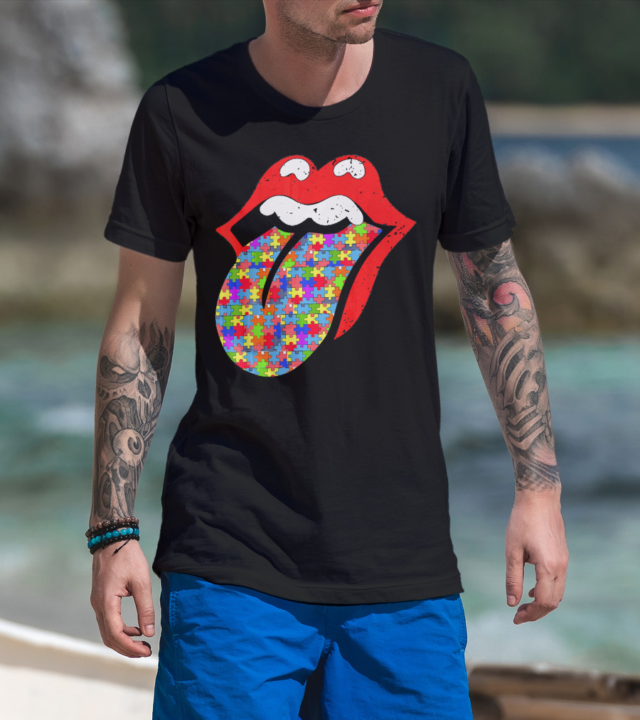 Red Lips Tongue Icon With Colorful Autism Awareness Puzzle Piece T-Shirt