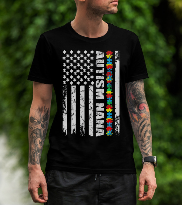 Autism Nana American Flag Puzzle Pieces Autism Awareness T-Shirt