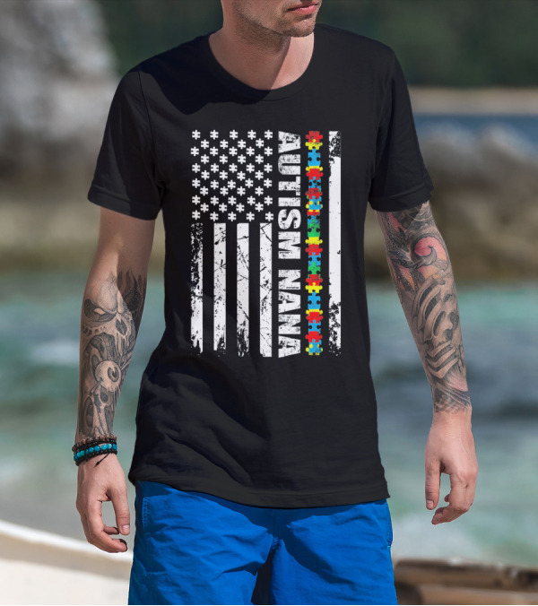 Autism Nana American Flag Puzzle Pieces Autism Awareness T-Shirt