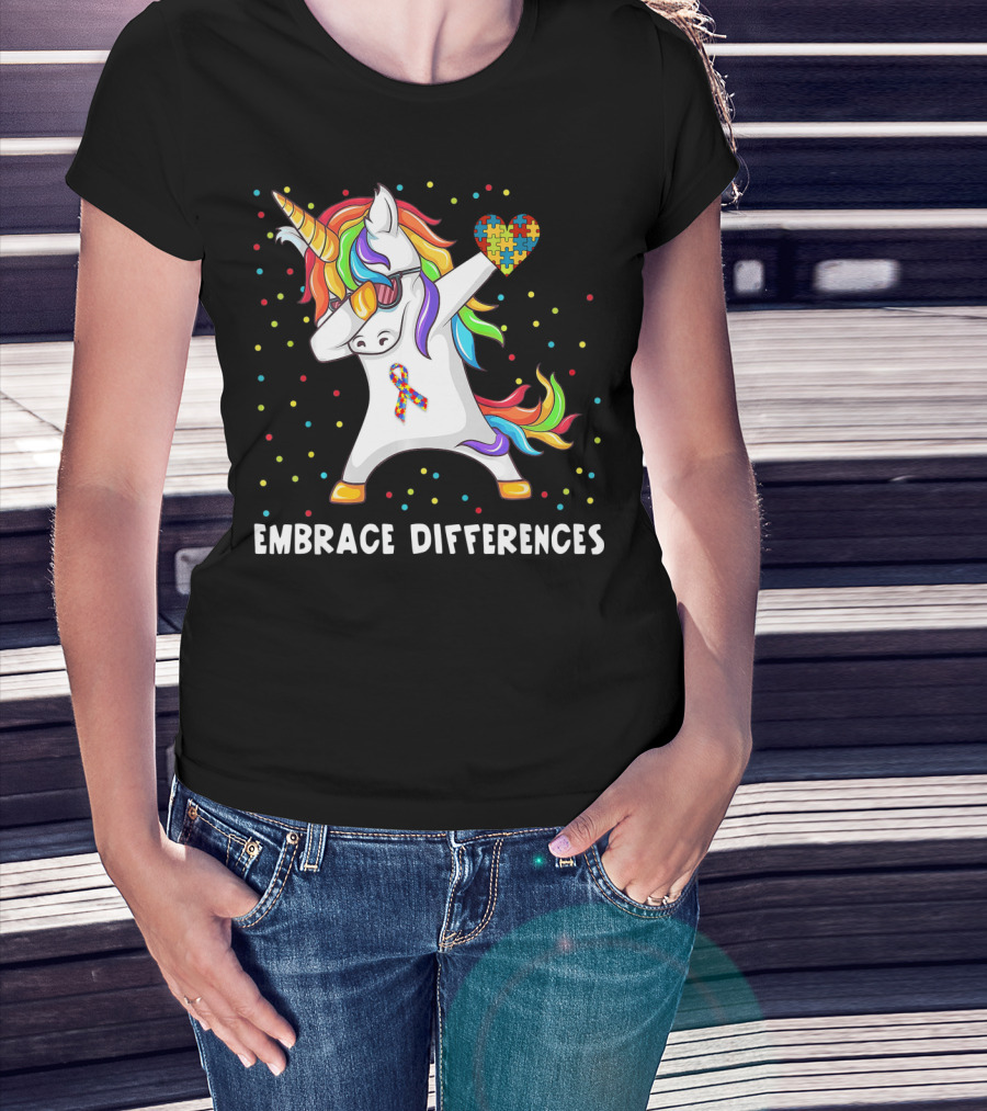 Embrace Differences Rainbow Dabbing Unicorn Puzzle Heart Autism Awareness T-Shirt