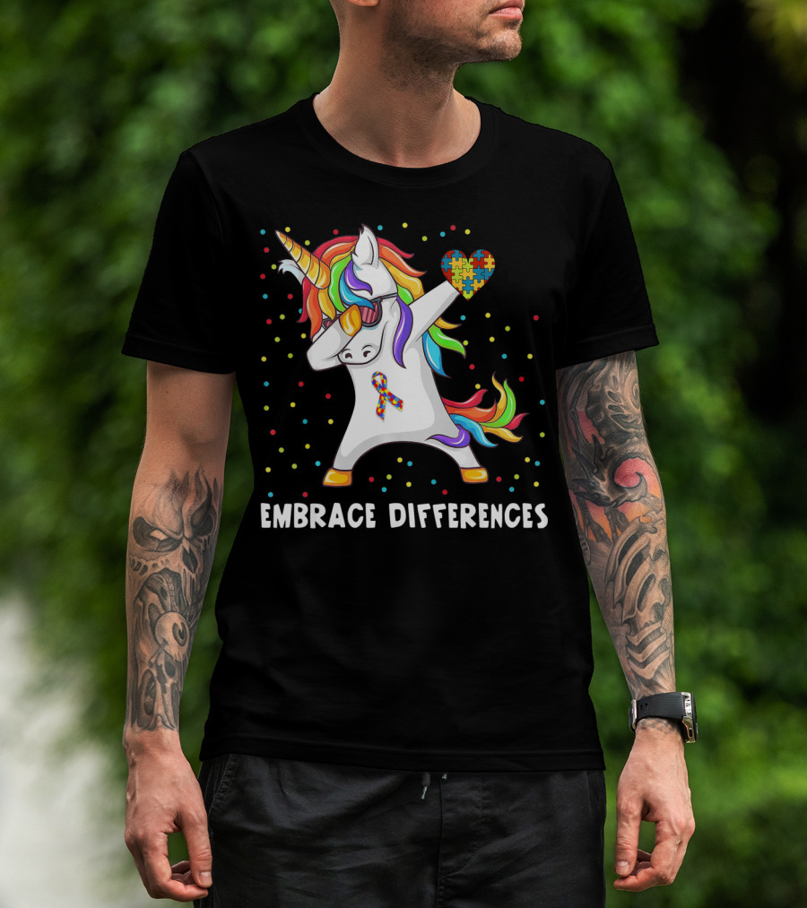 Embrace Differences Rainbow Dabbing Unicorn Puzzle Heart Autism Awareness T-Shirt