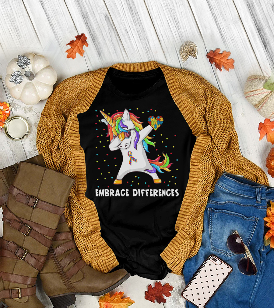 Embrace Differences Rainbow Dabbing Unicorn Puzzle Heart Autism Awareness T-Shirt