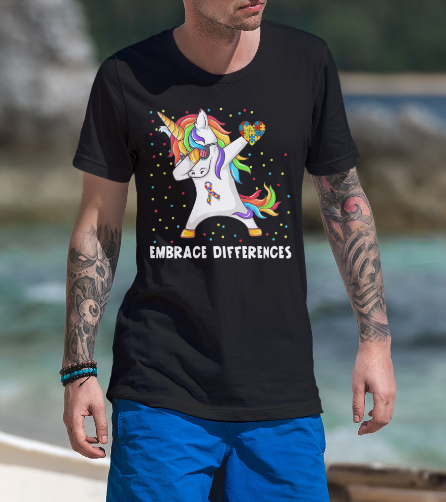 Embrace Differences Rainbow Dabbing Unicorn Puzzle Heart Autism Awareness T-Shirt