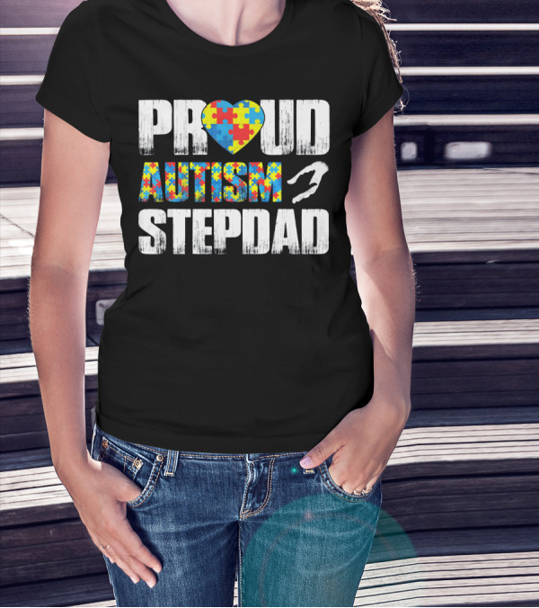Proud Autism Stepdad Heart Puzzle T-Shirt