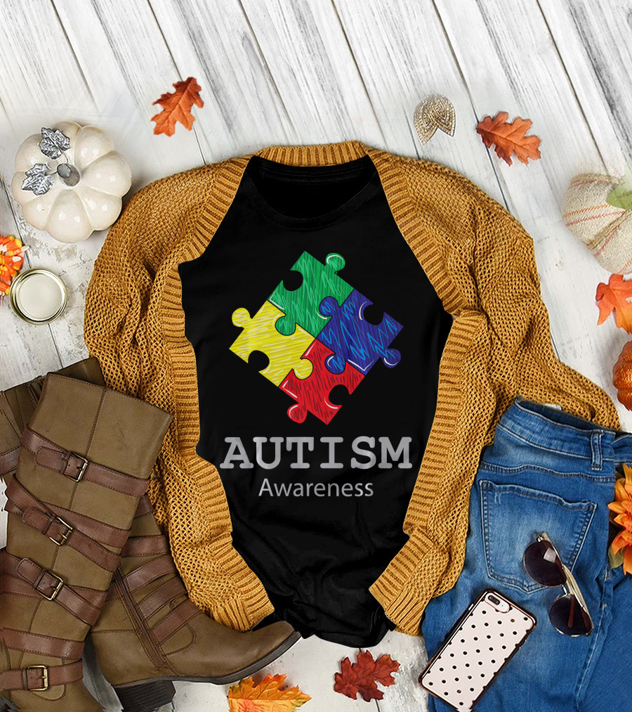 Autism Awareness Colorful Hand Drawn Puzzle Piece T-Shirt