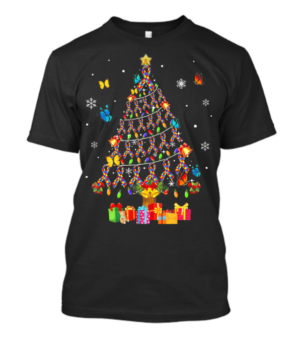 Autism Awareness Christmas Tree With Ribbons Butterflies And Snowflakes T-Shirt