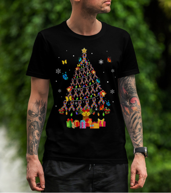 Autism Awareness Christmas Tree With Ribbons Butterflies And Snowflakes T-Shirt