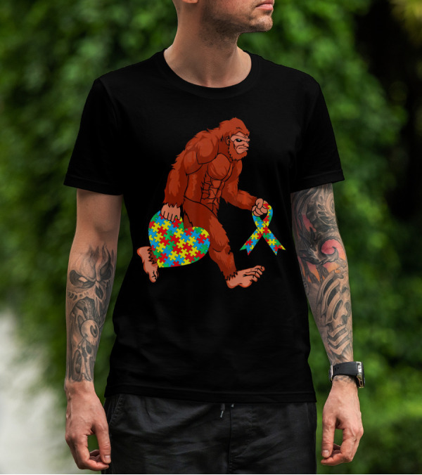 Funny Bigfoot Holding Autism Awareness Puzzle Heart T-Shirt