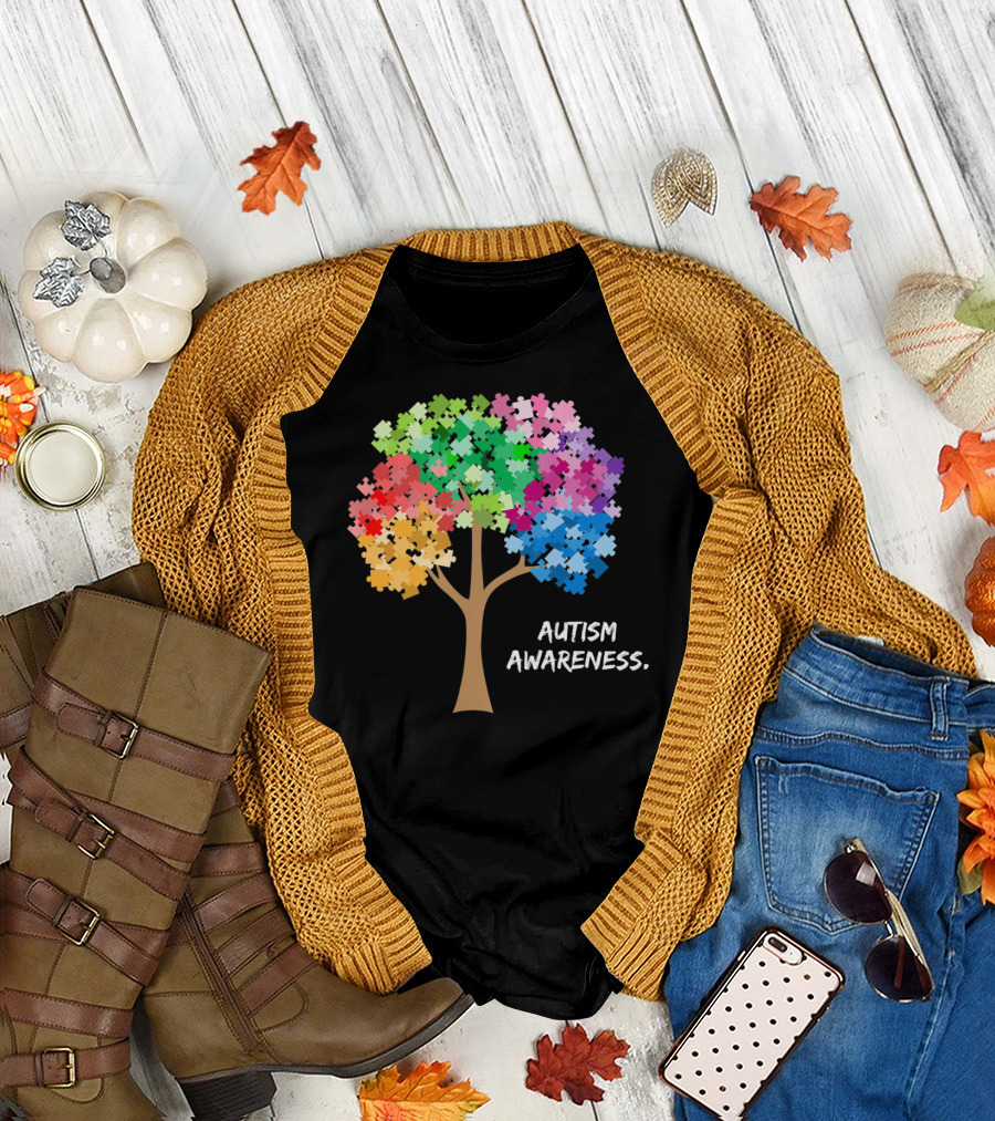 Autism Awareness Puzzles Tree Adults Rainbow T-Shirt