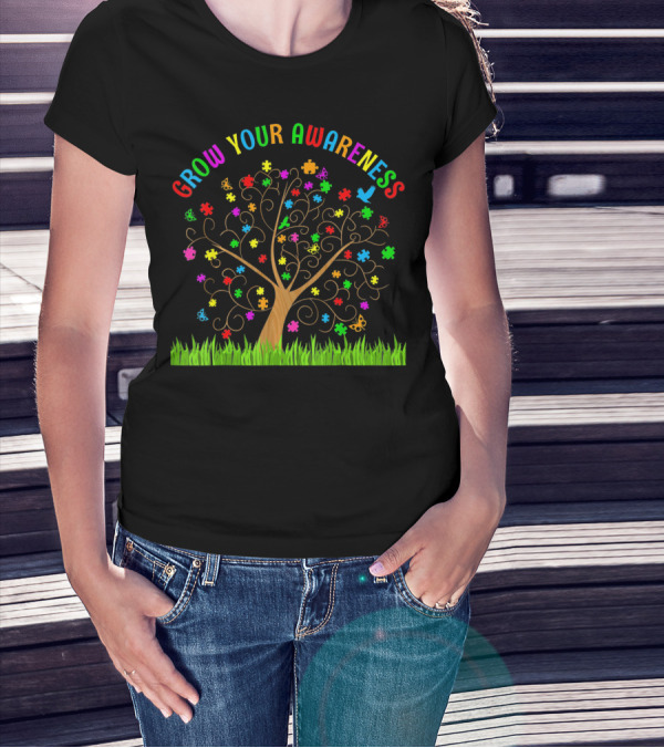 Grow Your Awareness Autism Puzzle Tree Rainbow Colors T-Shirt