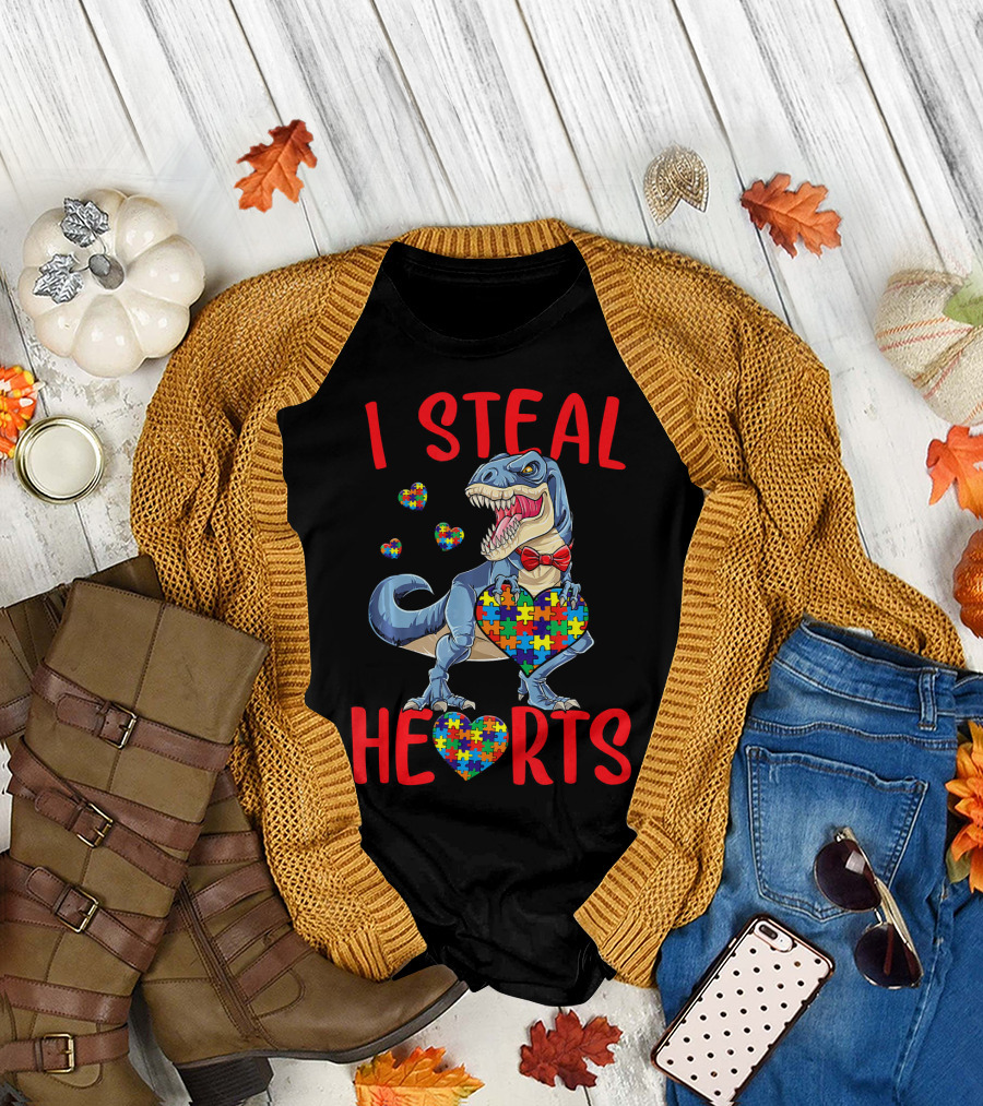 I Steal Hearts Dinosaur with Puzzle Piece Hearts Autism Awareness T-Shirt