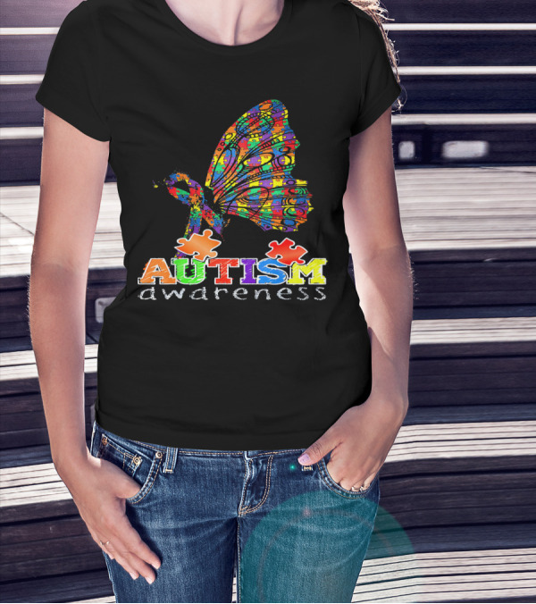 Autism Awareness Butterfly Ribbon Puzzle Autism Awareness T-Shirt