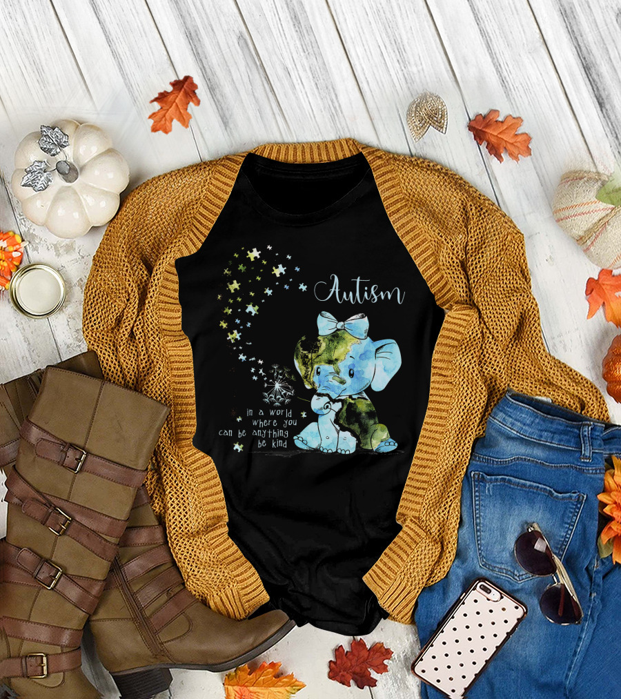 Autism Awareness Be Kind Elephant Dandelion Puzzle Pieces T-Shirt