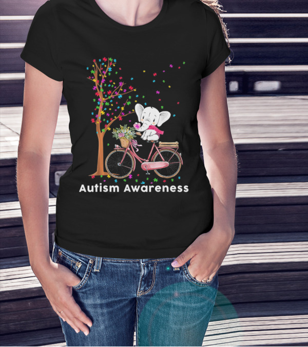 Autism Awareness Elephant Riding Bicycle With Puzzle Pieces And Tree T-Shirt
