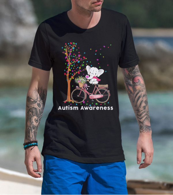 Autism Awareness Elephant Riding Bicycle With Puzzle Pieces And Tree T-Shirt