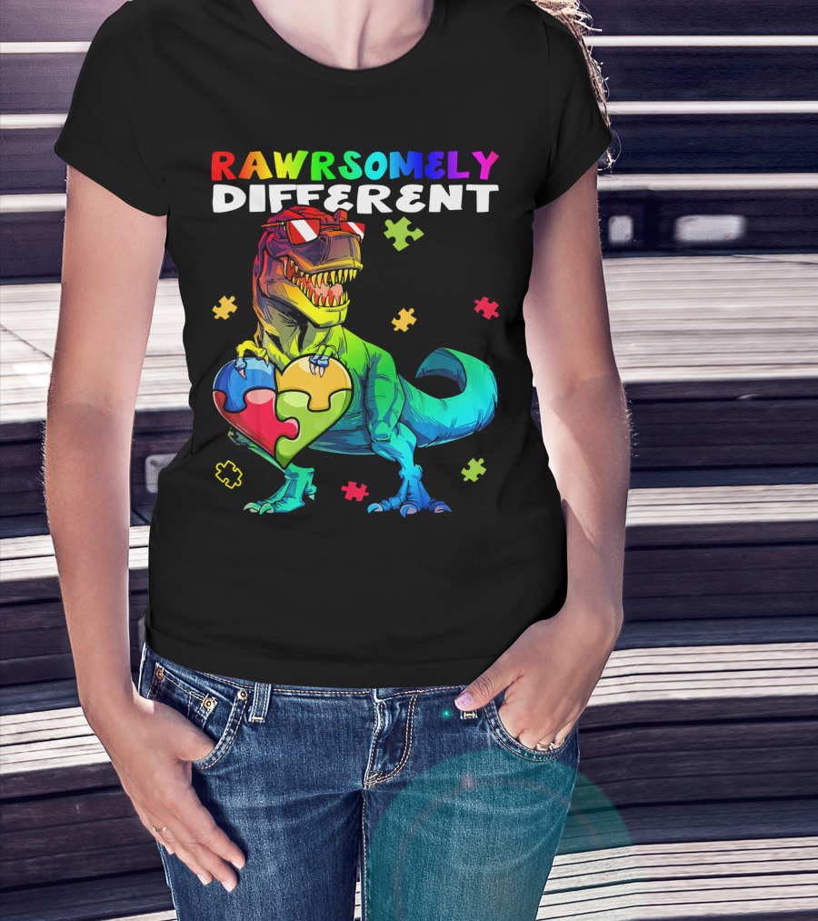 Rawrsomely Different Autism Awareness Dinosaur Puzzle Heart T-Shirt