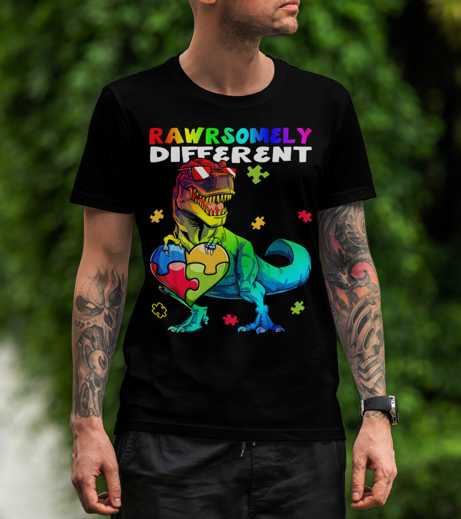 Rawrsomely Different Autism Awareness Dinosaur Puzzle Heart T-Shirt