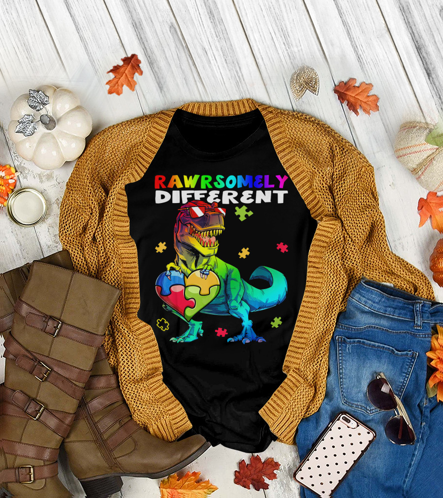 Rawrsomely Different Autism Awareness Dinosaur Puzzle Heart T-Shirt