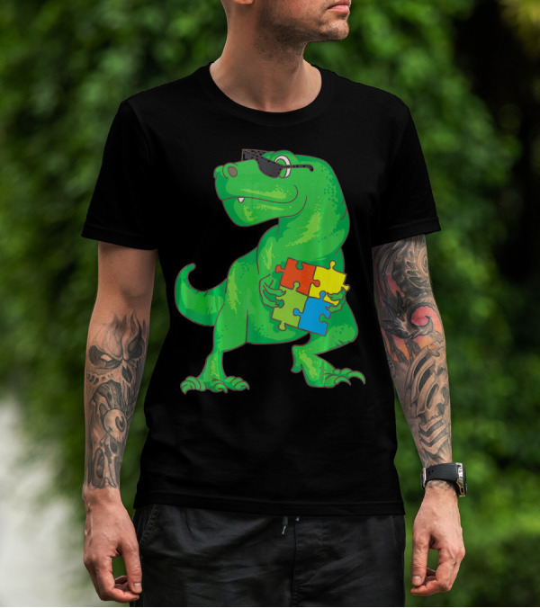 Autism Awareness Month Dinosaur Holding Puzzle Pieces T-Shirt