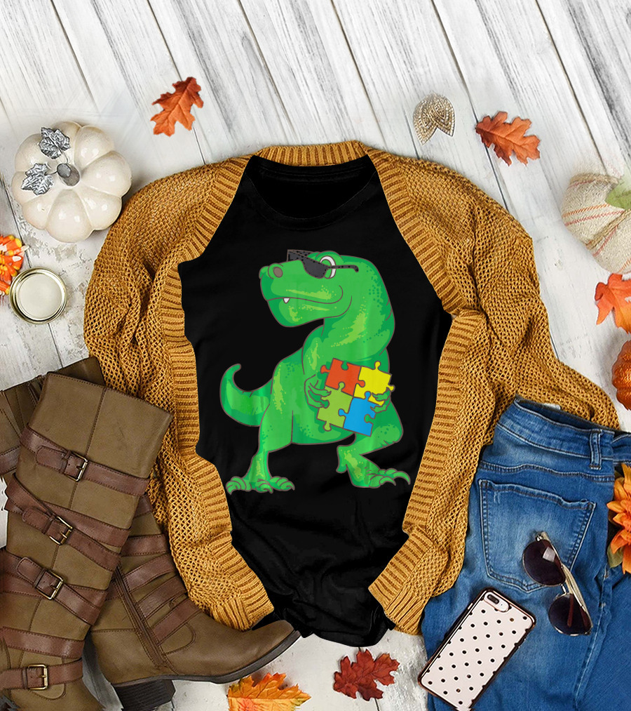 Autism Awareness Month Dinosaur Holding Puzzle Pieces T-Shirt