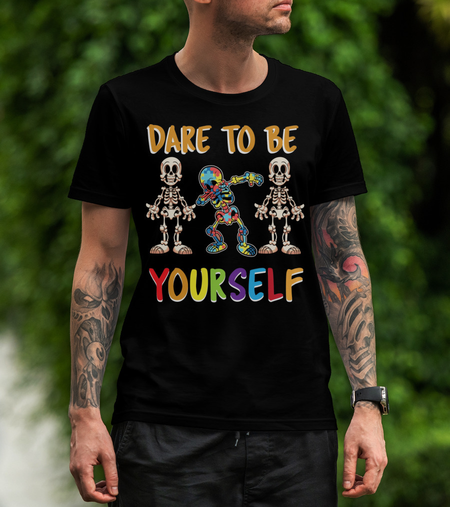 Dare To Be Yourself Autism Awareness Day Skeleton Dabbing T-Shirt
