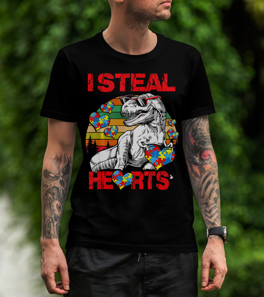 I Steal Hearts Autism Awareness Vintage Dinosaur T-Shirt