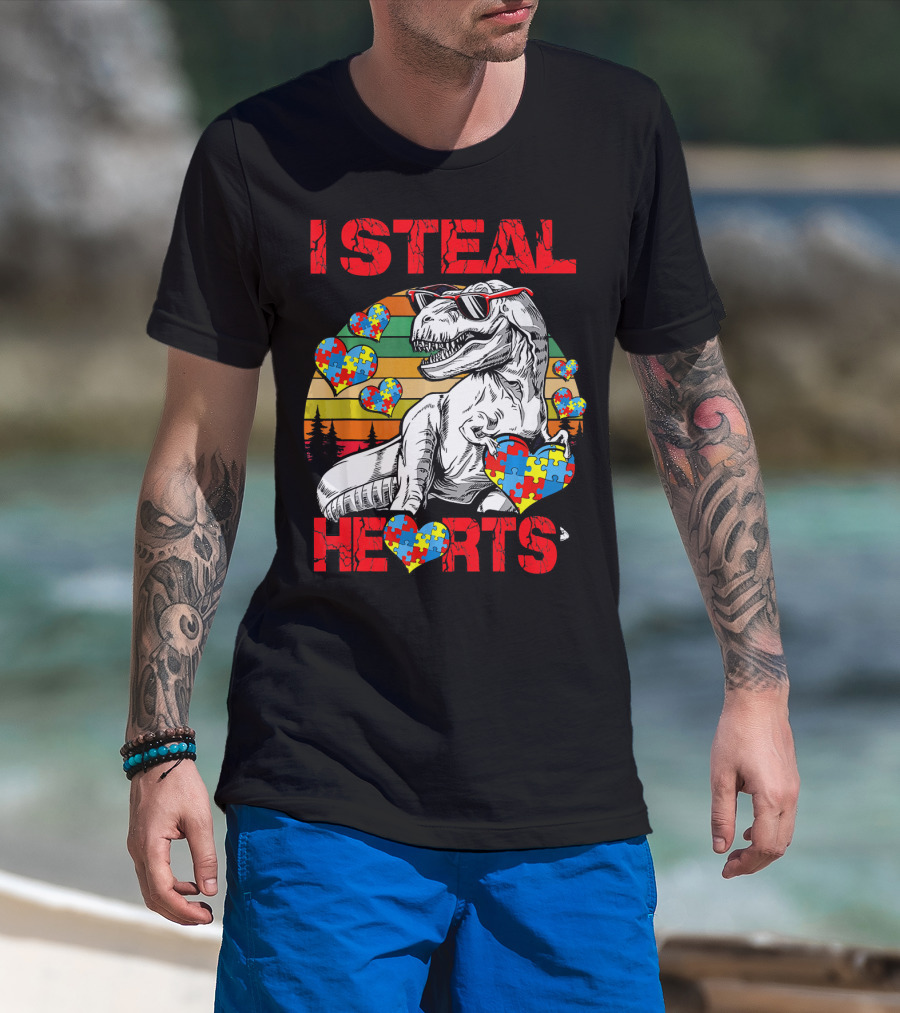 I Steal Hearts Autism Awareness Vintage Dinosaur T-Shirt