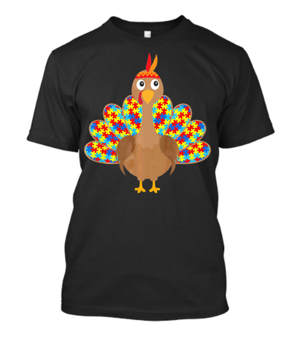 Cute Turkey With Autism Awareness Puzzle Pattern Tail T-Shirt