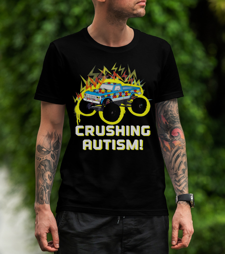 Crushing Autism Awareness Monster Truck With Puzzle Pattern And Lightning T-Shirt