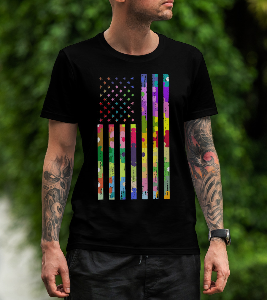 Autism Awareness Puzzle Pattern American Flag T-Shirt