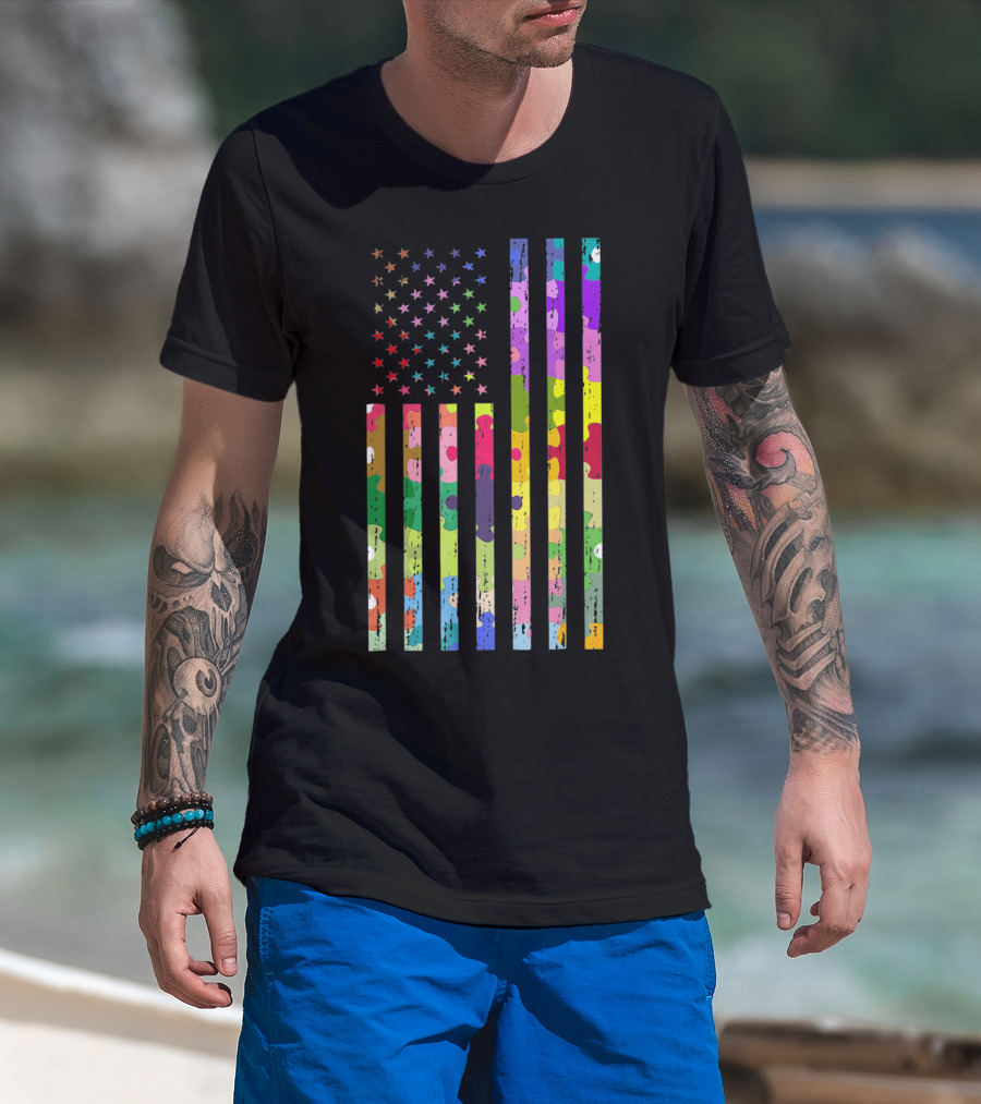 Autism Awareness Puzzle Pattern American Flag T-Shirt