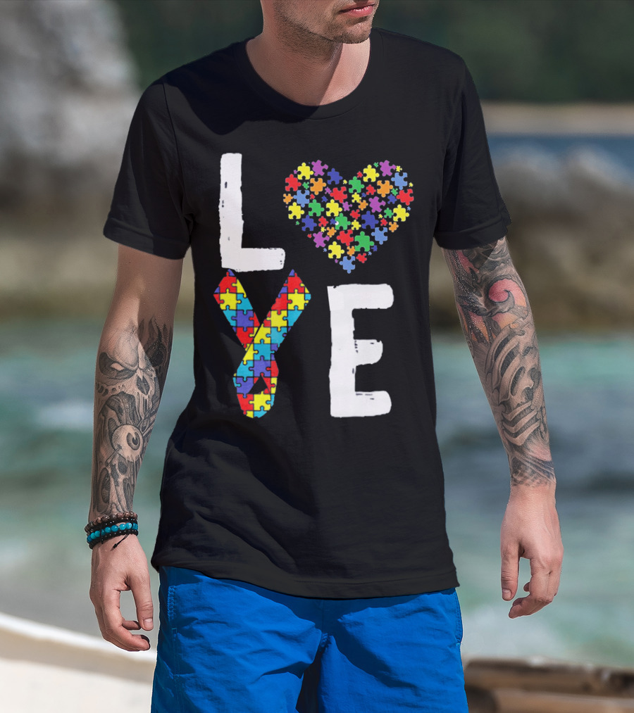 Love Autism Awareness DadK Heart Puzzle T-Shirt