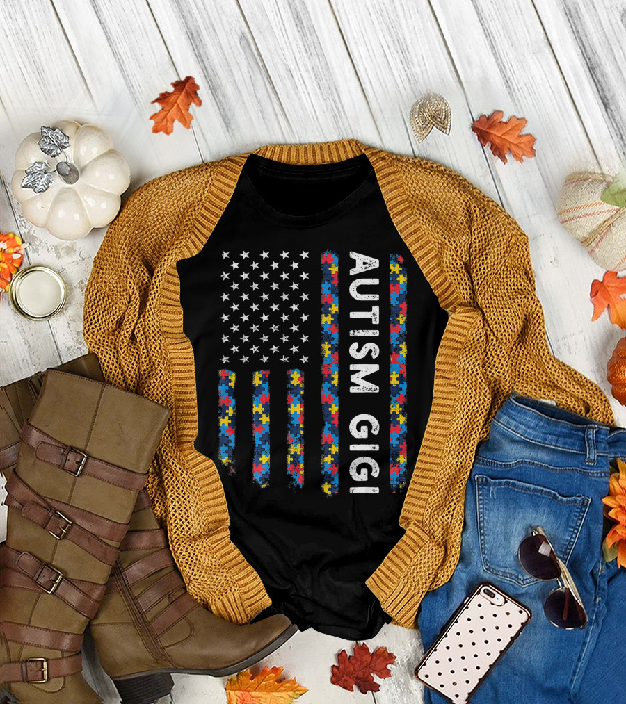 Autism Gigi American Flag Puzzle Piece Awareness T-Shirt