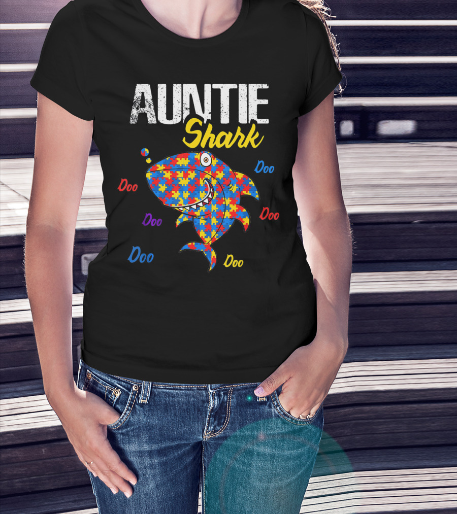 Auntie Shark Autism Awareness Doo Doo Puzzle T-Shirt