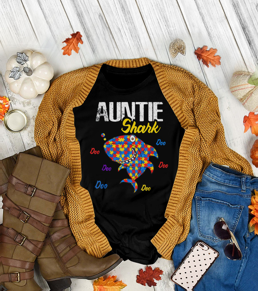 Auntie Shark Autism Awareness Doo Doo Puzzle T-Shirt