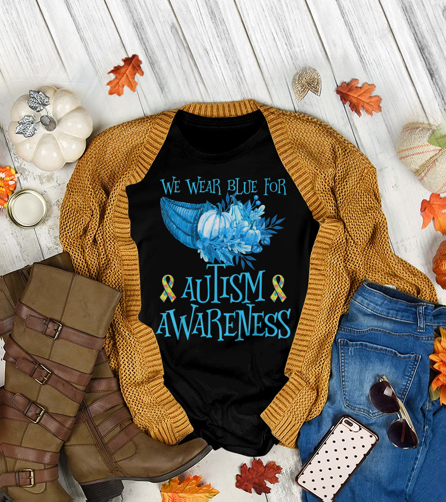 We Wear Blue For Autism Awareness Cornucopia and Ribbons T-Shirt