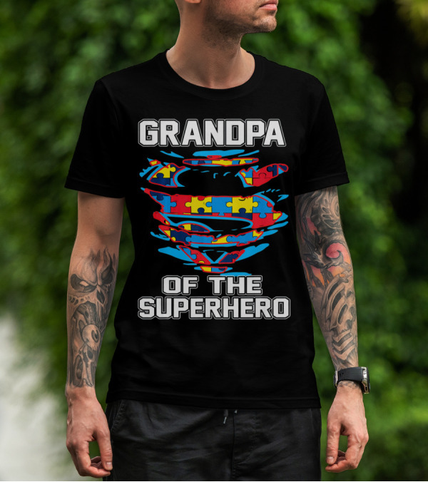 Grandpa Of The Superhero Autism Awareness Puzzle Swirl Crest T-Shirt