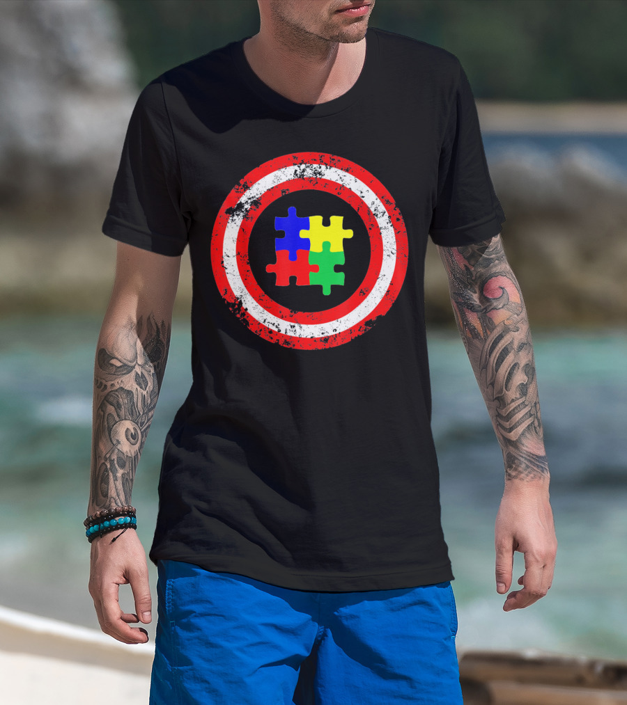 Captain Autism Awareness Shield Puzzle T-Shirt