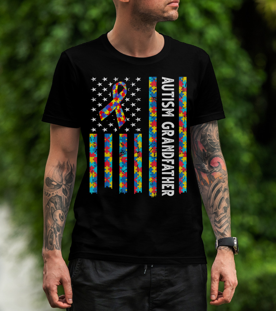 Autism Grandfather Puzzle Ribbon American Flag Stars T-Shirt