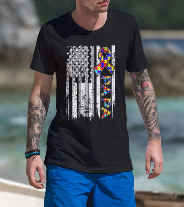 Papa Autism Awareness Puzzle Ribbon American Flag T-Shirt