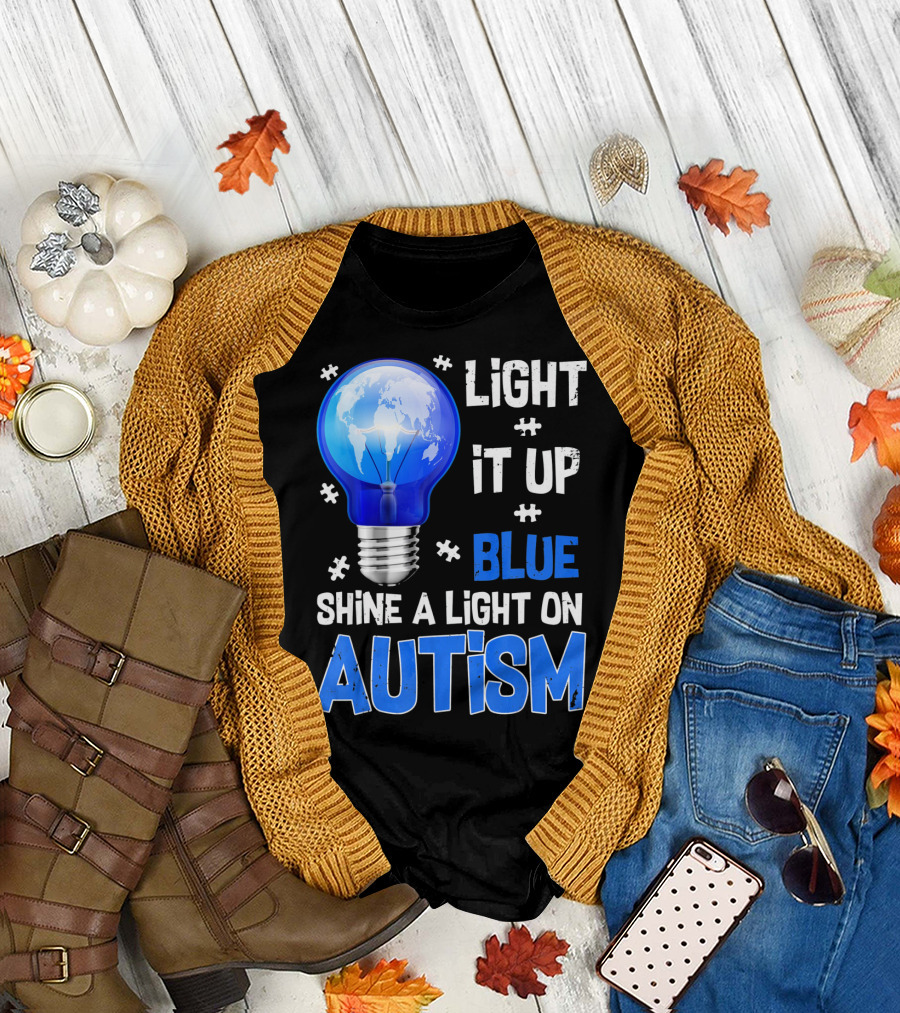 Light It Up Blue Shine A Light On Autism Light Bulb World Map T-Shirt