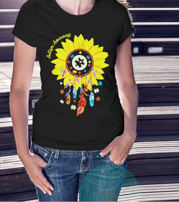 Autism Awareness Dream Catcher Sunflower With Puzzle Pieces T-Shirt