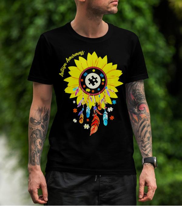 Autism Awareness Dream Catcher Sunflower With Puzzle Pieces T-Shirt